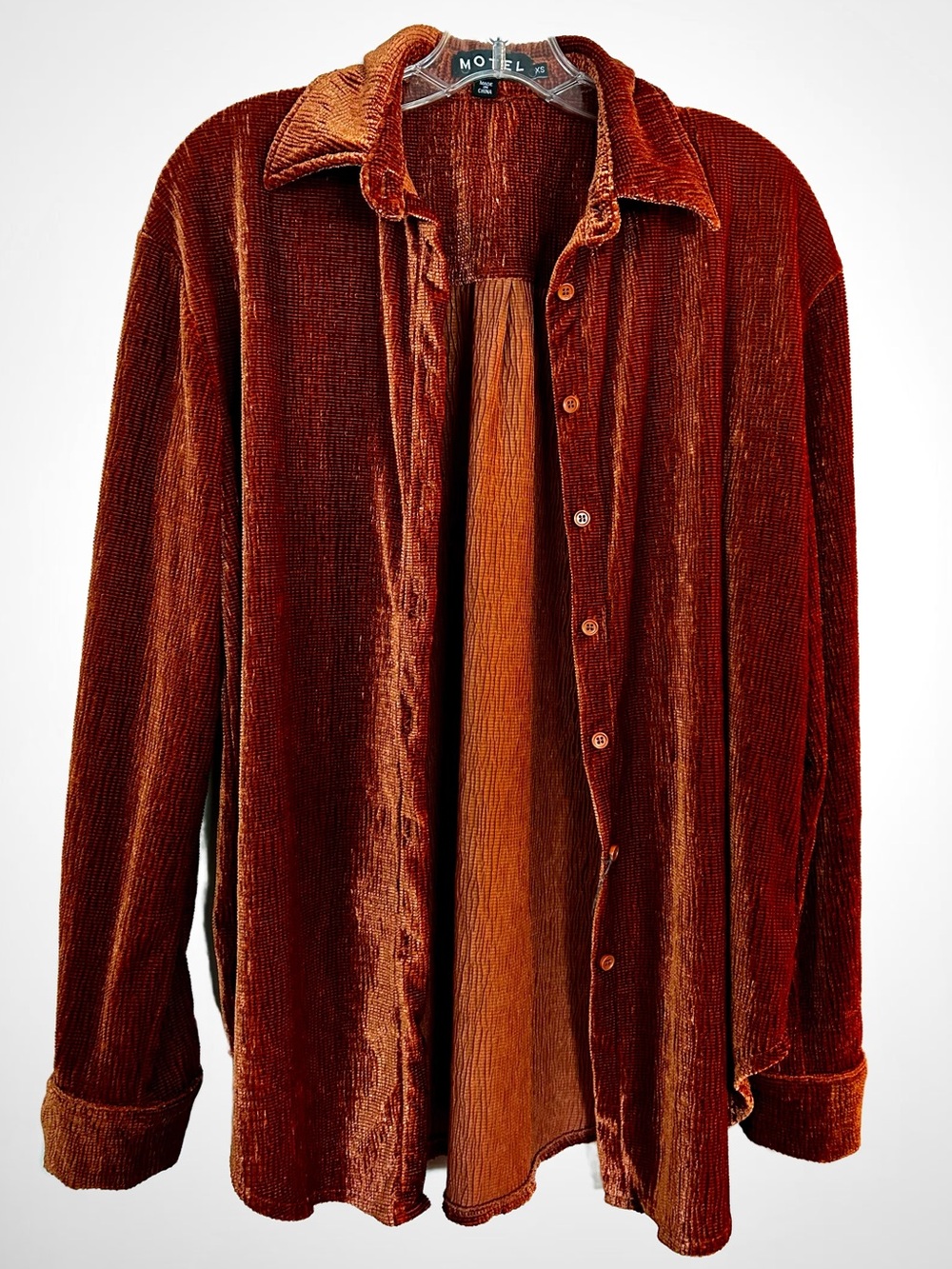 🍂Motel Rust Brown Textured Crinkle Button Front Shirt~ XS